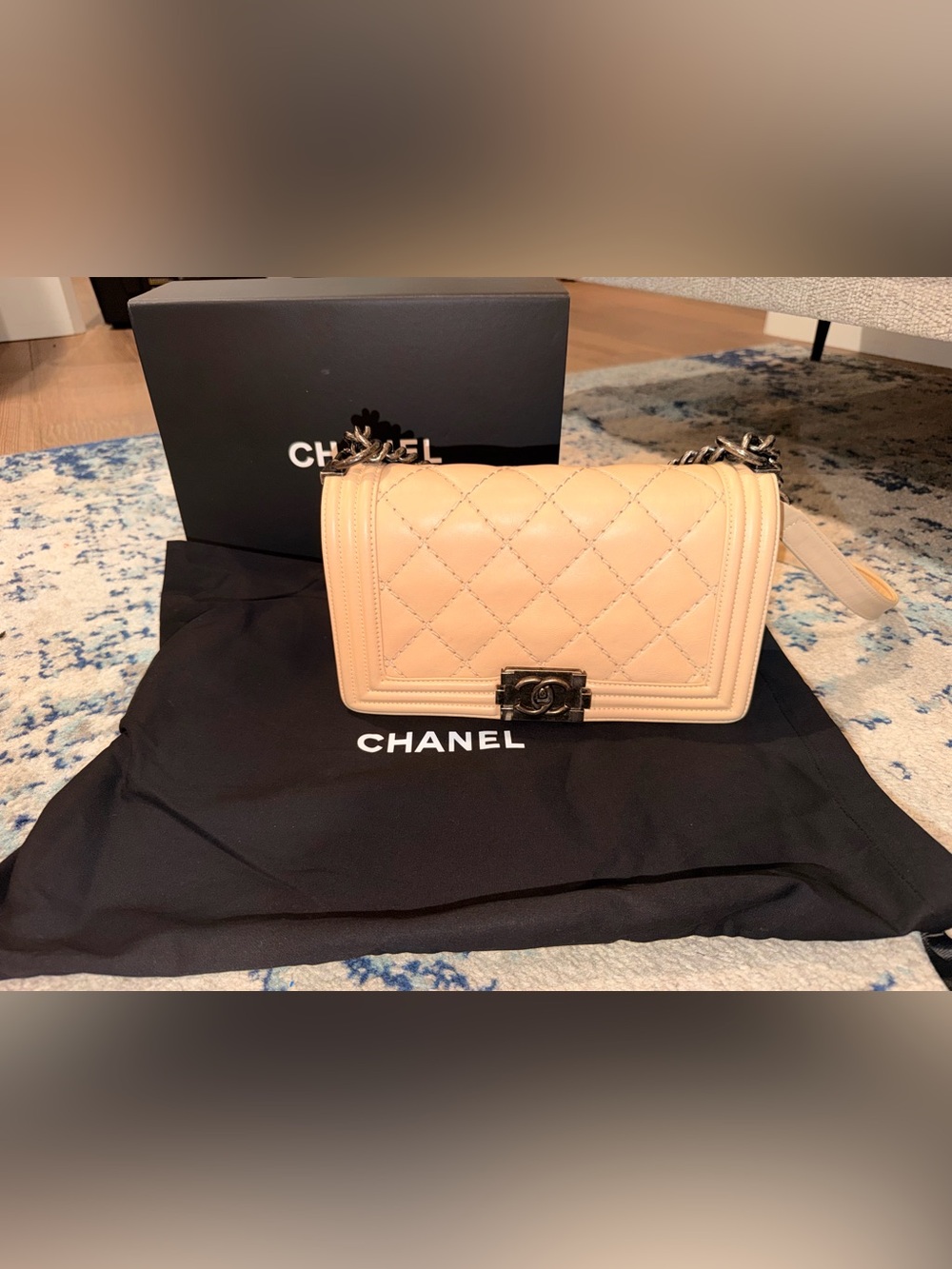 CHANEL Beige Quilted Medium Boy Bag in Baby Pink with Chain Strap Lambskin